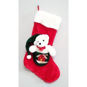 Dan Dee Vintage 3DPlush Christmas Stocking Teddy Bear In Pocket Red White 21”
